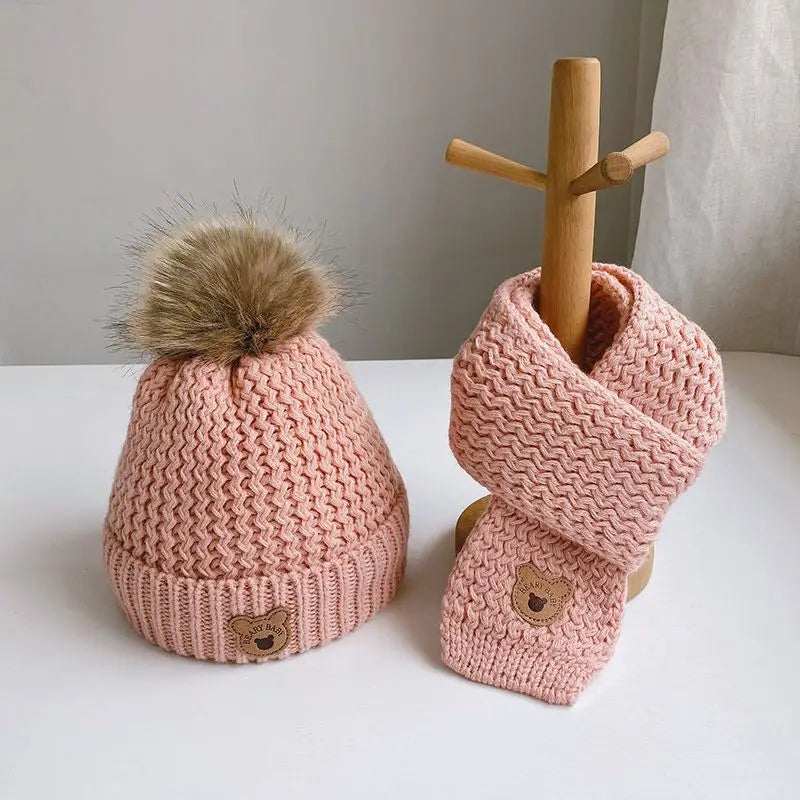 Warm Kids Scarf Beanie Set Cute Cartoon Bear Knitted Hat Scarf Set for Toddler Fashion Autumn Winter Warm Clothes Accessores