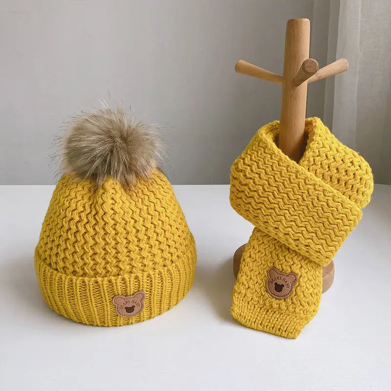 Warm Kids Scarf Beanie Set Cute Cartoon Bear Knitted Hat Scarf Set for Toddler Fashion Autumn Winter Warm Clothes Accessores