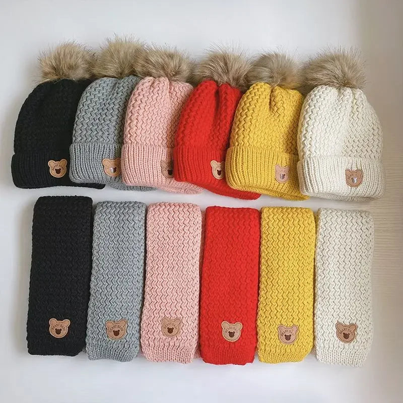 Warm Kids Scarf Beanie Set Cute Cartoon Bear Knitted Hat Scarf Set for Toddler Fashion Autumn Winter Warm Clothes Accessores